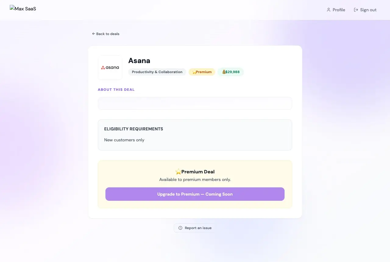 A premium deal in the hosted app gated behind an upgrade-to-premium prompt