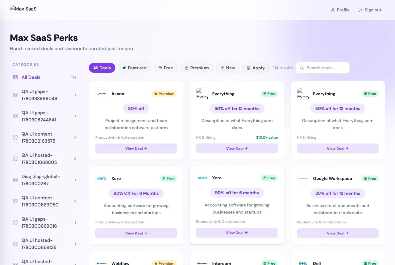 A live FounderPass hosted storefront, branded "Max SaaS Perks", showing the deal catalogue with categories and filters